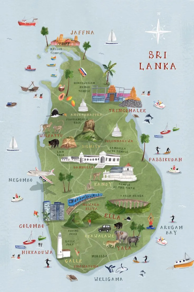 Illustrated map of Sri Lanka marking the south-coast surf breaks