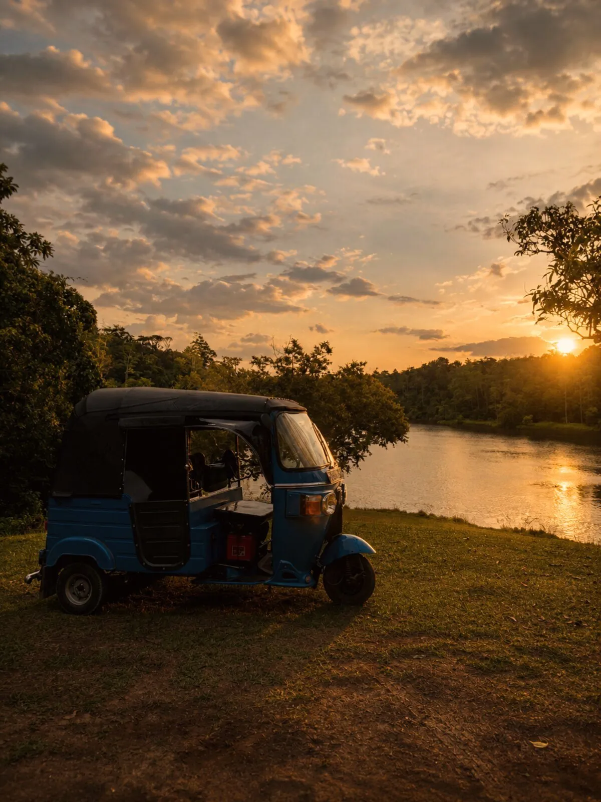 Tuk & Tide three-wheeler parked by a river at golden hour, south-coast Sri Lanka